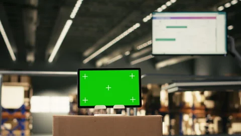 Mockup isolated green screen tablet in empty industrial warehouse Stock Footage 330139931