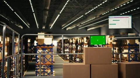 Mockup isolated green screen tablet in empty industrial warehouse Stock Photos