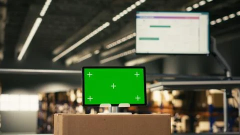 Mockup isolated green screen tablet in empty industrial warehouse Fotos Stock