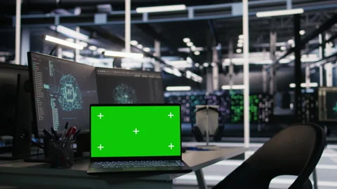 Mockup laptop and computer in data center used in AI model deployment Stock Footage 309775908