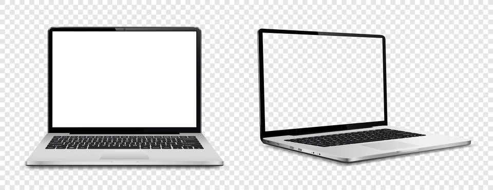 Mockup of laptop computer. Front and side view with white and empty screen .. Illustrazione stock