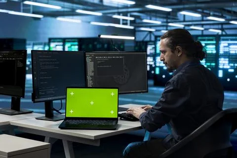 Mockup laptop, developer and code in server room for programming Photos