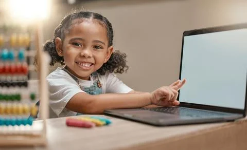 Mockup laptop, e learning portrait and child pointing at digital mock up screen Stock Photos