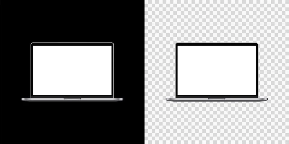 Mockup laptop empty screen front view on isolated and black background. Vecto Stock Illustration