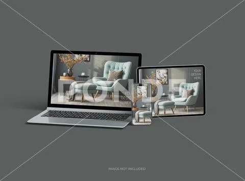 Mockup of laptop, smartphone and tablet for UI/UX Product Showcase. 3D Render PSD Template