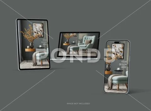 Mockup of laptop, smartphone and tablet for UI/UX Product Showcase. 3D Render PSD Template