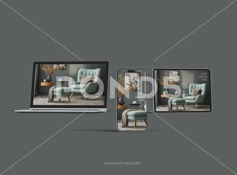 Mockup of laptop, smartphone and tablet for UI/UX Product Showcase. 3D Render PSD Template