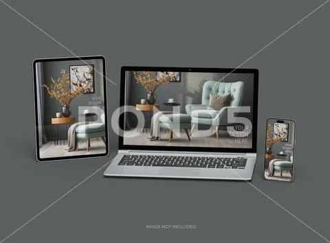 Mockup of laptop, smartphone and tablet for UI/UX Product Showcase. 3D Render PSD Template