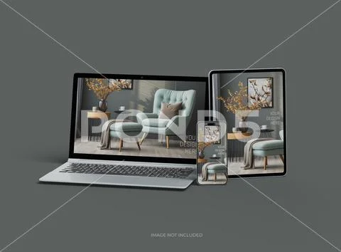 Mockup of laptop, smartphone and tablet for UI/UX Product Showcase. 3D Render PSD Template