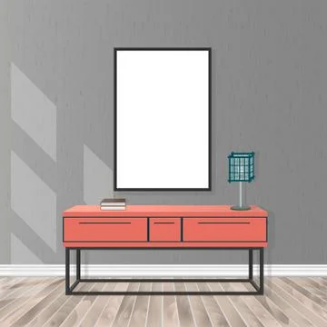 Mockup living room interior with empty frame, bureau, lamp, parquet flooring, Stock Illustration