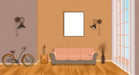 Mockup living room interior with empty frame, bicycle, guitar, wood flooring  Illustrazione stock