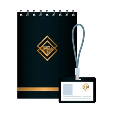 Mockup notebook black and id badge, with golden sign, corporate identity Stock Illustration