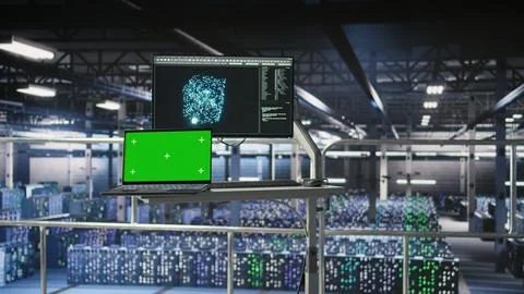 Mockup notebook in data center displaying neural network activity Stock Photos