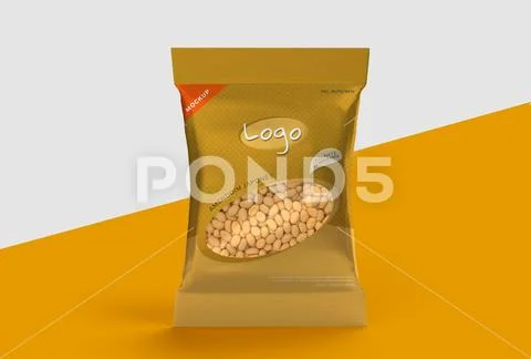 Mockup of a packet of Japanese peanuts, with transparent plastic PSD Template