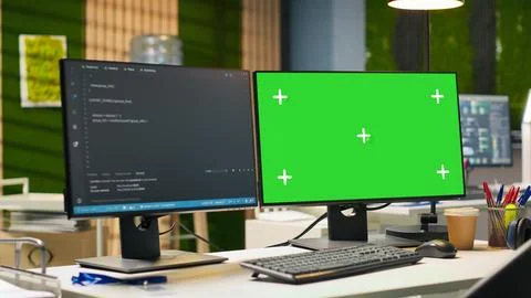 Mockup PC in empty IT startup office displaying programming languages Foto stock