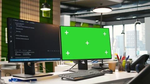 Mockup PC in empty IT startup office displaying programming languages Stock Photos