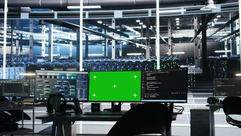 Mockup PCs in data center control hardware energy usage using node tree tech Stock Photos