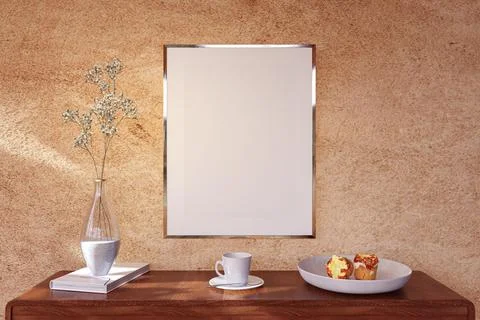 Mockup picture frame on a breakfast table. 3d rendered illustration. Stock Illustration