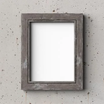 Mockup of picture frame made of old weathered wood on concrete wall Stock Photos