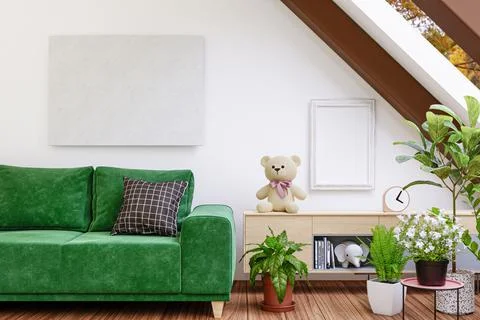 Mockup picture frames in a cozy attic living room. 3d rendered illustration. Stock-Illustration