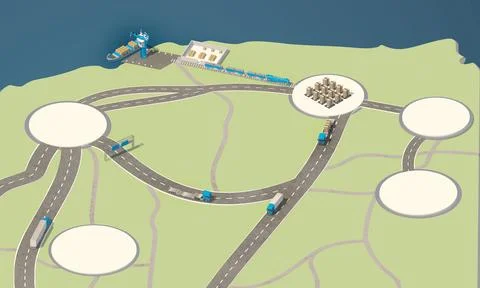 Mockup point on the coast map with unloading ship and trucks on the roads Stock Illustration