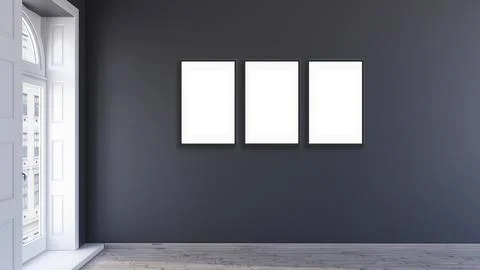 Mockup poster 3 frames in modern interior living room background with black.. Stock Illustration