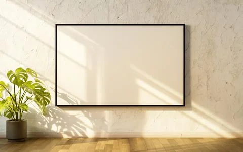 Mockup poster frame in beige studio background for message. Empty room with.. Stock Photos
