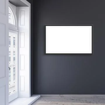 Mockup poster frame in modern interior living room background with black wall Illustrazione stock