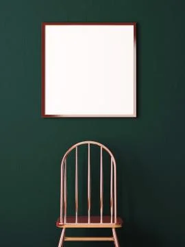 Mockup poster in the interior of a dark background with a copper chair. 3d Illustrazione stock