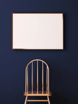Mockup poster in the interior of a dark background with a copper chair. 3d Illustrazione stock