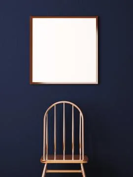 Mockup poster in the interior of a dark background with a copper chair. 3d Stock Illustration