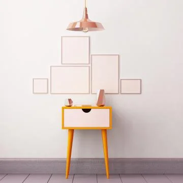 Mockup poster in the interior with a table in trendy colors. 3d Stock Illustration