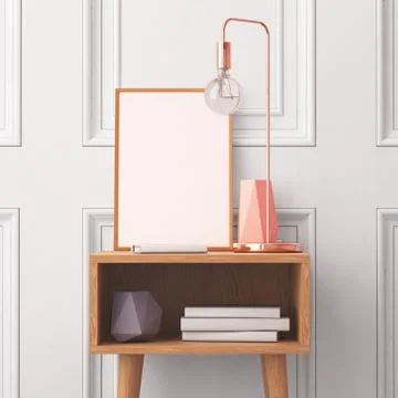 Mockup poster in the interior with a table in trendy colors. 3d Stock Illustration