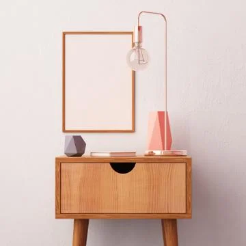 Mockup poster in the interior with a table in trendy colors. 3d Stock Illustration