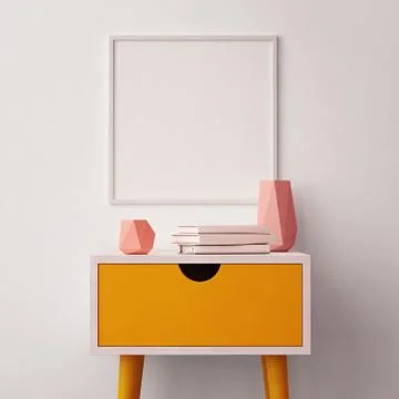 Mockup poster in the interior with a table in trendy colors. 3d Illustrazione stock