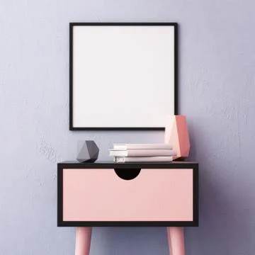 Mockup poster in the interior with a table in trendy colors. 3d Stock Illustration
