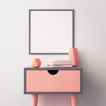 Mockup poster in the interior with a table in trendy colors. 3d Stock Illustration