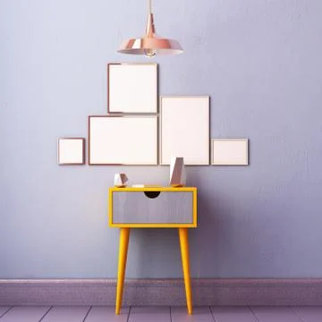 Mockup poster in the interior with a table in trendy colors. 3d Illustrazione stock