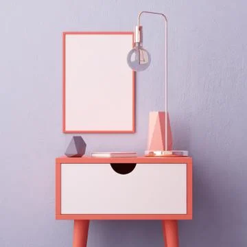 Mockup poster in the interior with a table in trendy colors. 3d Stock Illustration