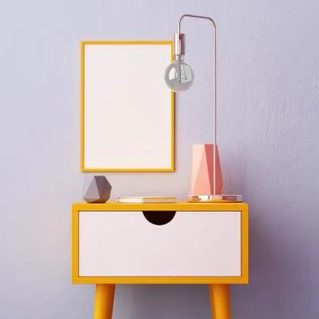 Mockup poster in the interior with a table in trendy colors. 3d Illustrazione stock