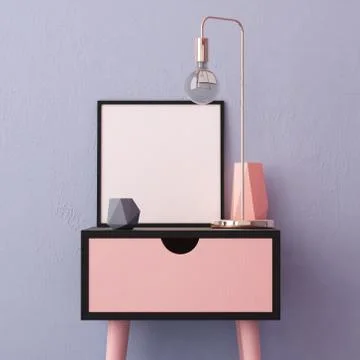 Mockup poster in the interior with a table in trendy colors. 3d Stock Illustration