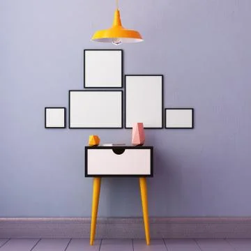 Mockup poster in the interior with a table in trendy colors. 3d Stock Illustration