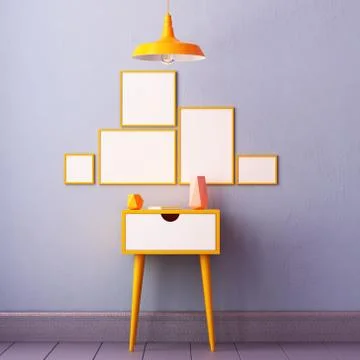 Mockup poster in the interior with a table in trendy colors. 3d Illustrazione stock