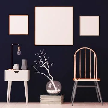 Mockup posters in the interior in copper frames on dark background. 3d Stock Illustration
