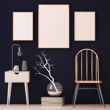 Mockup posters in the interior in copper frames on dark background. 3d Stock Illustration