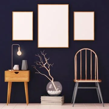 Mockup posters in the interior in copper frames on dark background. 3d Stock Illustration