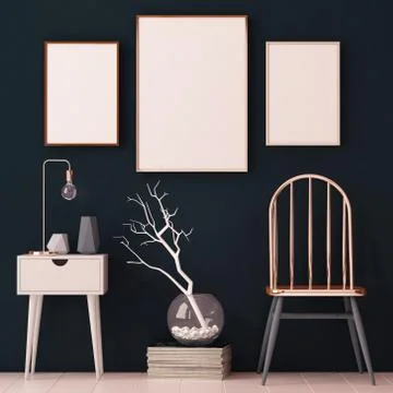 Mockup posters in the interior in copper frames on dark background. 3d Stock Illustration