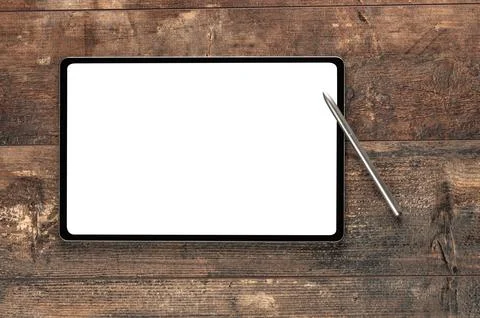 Mockup premium tablet in trendy thin frame design with stylus pen. Digital Ta Stock Photos