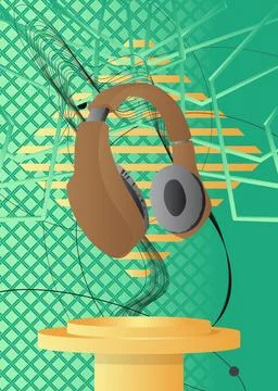 Mockup product display with Headset. Vector cylinder pedestal podium. Stage.. Иллюстрация