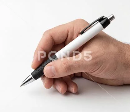 Mockup of a promotional pen in a man's hand on a white background PSD Template